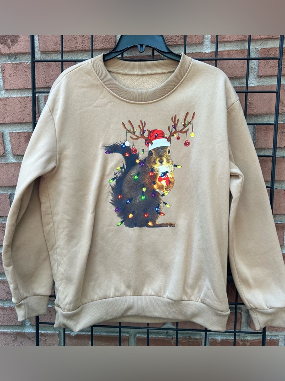 Beige Holiday Squirrel Crewneck Sweater